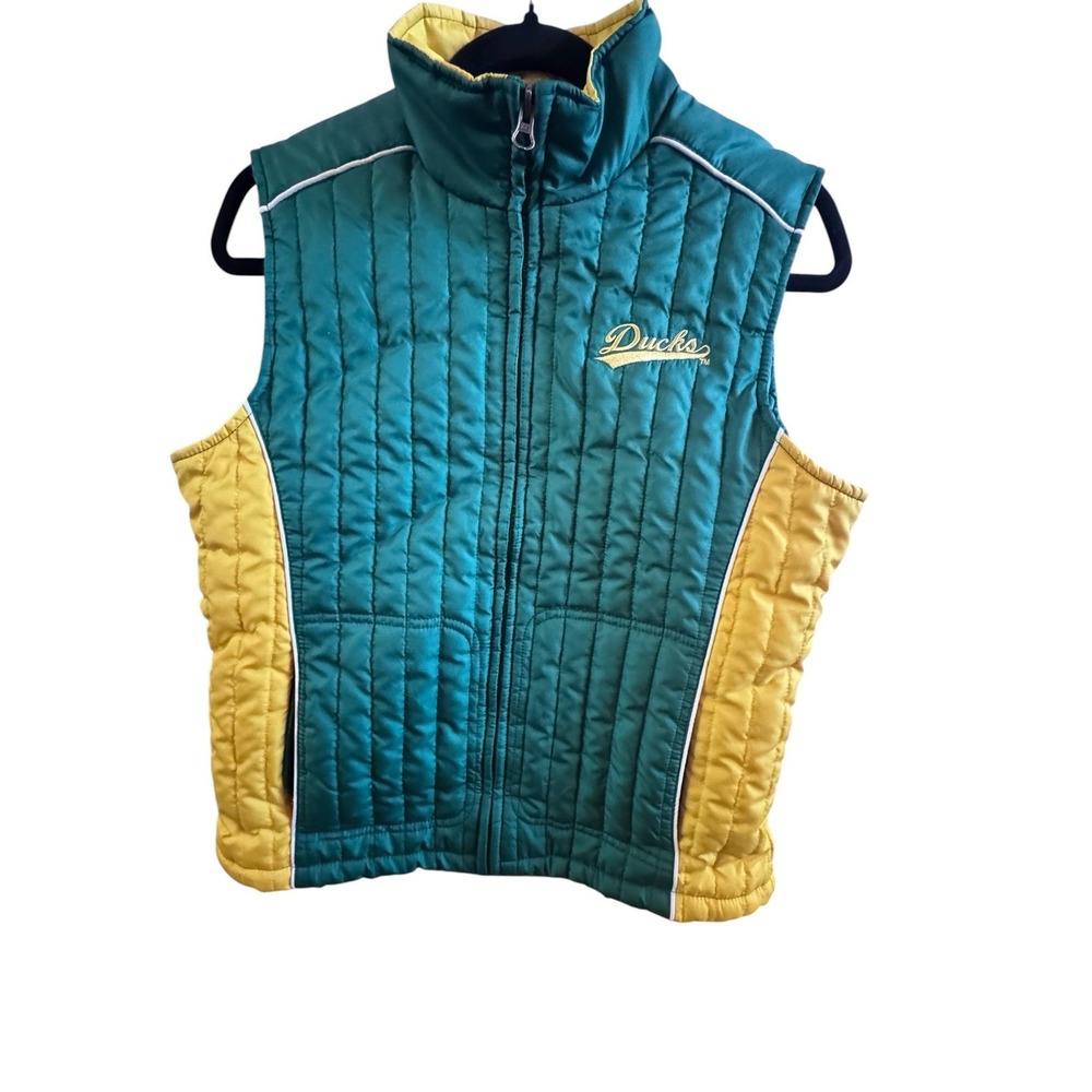 G-lll Oregon Ducks Green Yellow Women's Medium Puffer Vest Zip Pockets Logos